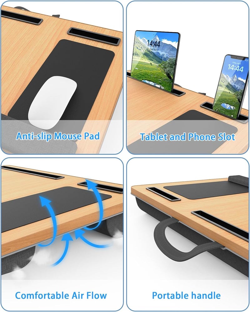 HETTHI Laptop Lap Desk, Portable Large Laptop Desk for Bed, Up to 17 in Lap Table with Wrist Rest, Mouse Pad, Tablet Phone Slot, Portable Handle, Cushion (Light Brown) - Image 4